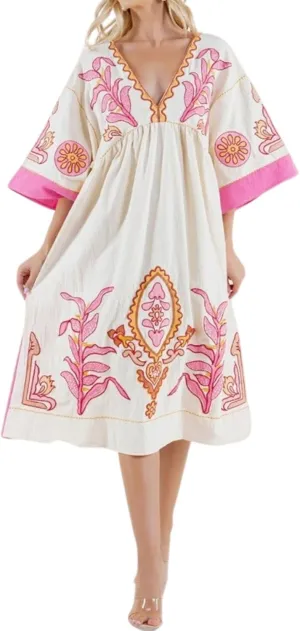Womens Oversized Floral Embroidered Long Dress with V-Neck and 3/4 Sleeves Vintage Embroidery Babydoll Dress