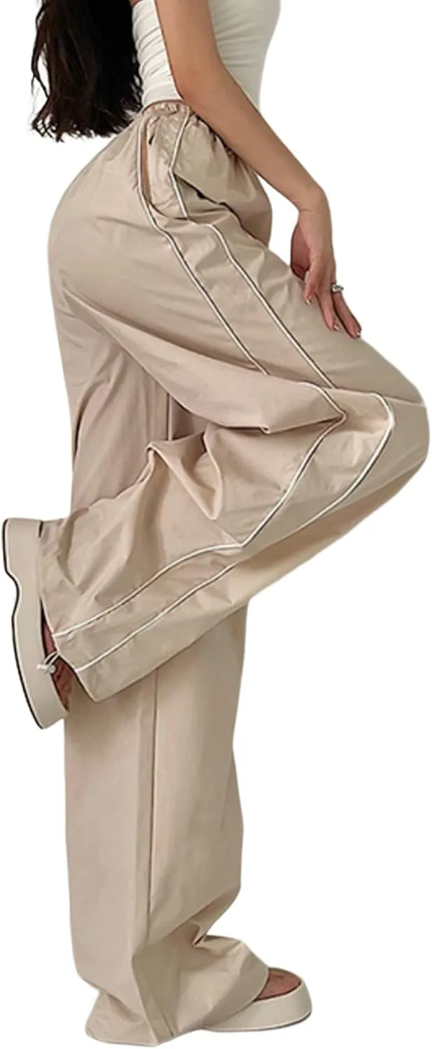 Women's Parachute Pants Baggy Track Y2K Black Elastic Waist Wide Leg Trousers