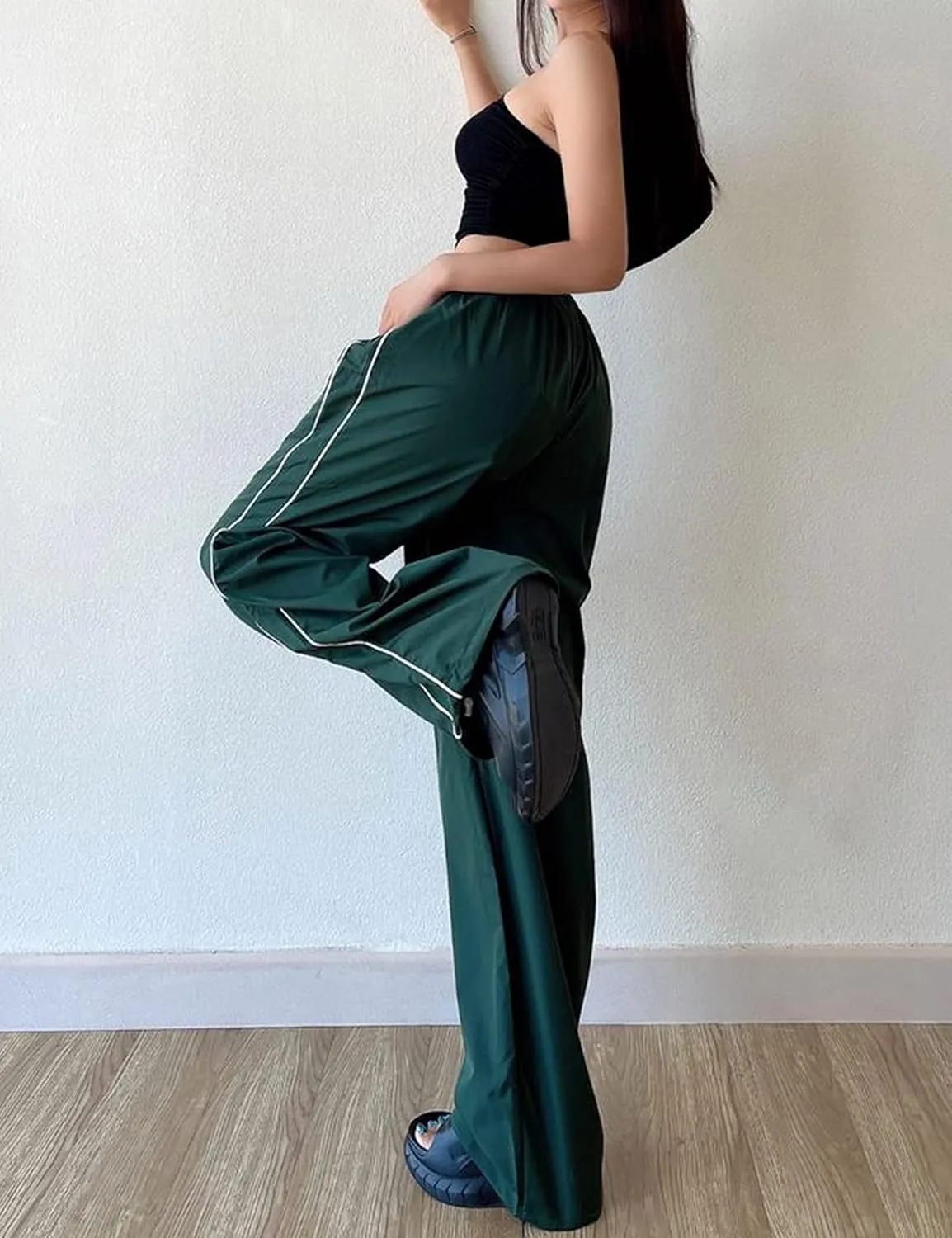 Women's Parachute Pants Baggy Track Y2K Black Elastic Waist Wide Leg Trousers