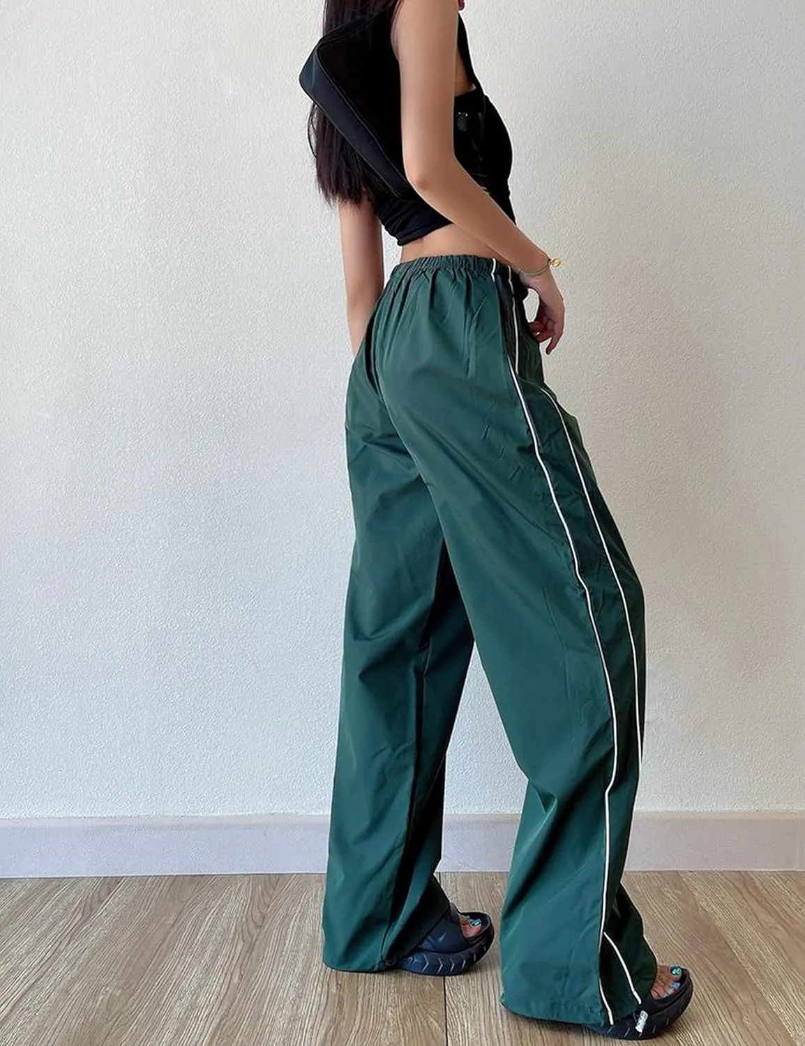 Women's Parachute Pants Baggy Track Y2K Black Elastic Waist Wide Leg Trousers