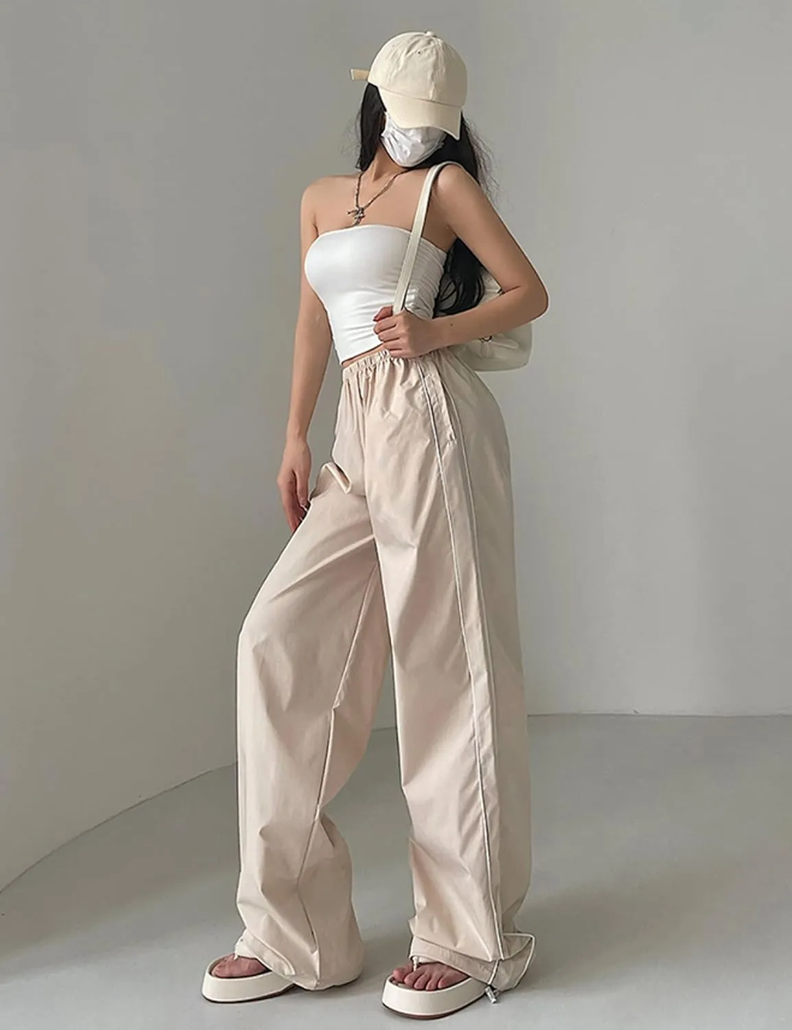 Women's Parachute Pants Baggy Track Y2K Black Elastic Waist Wide Leg Trousers