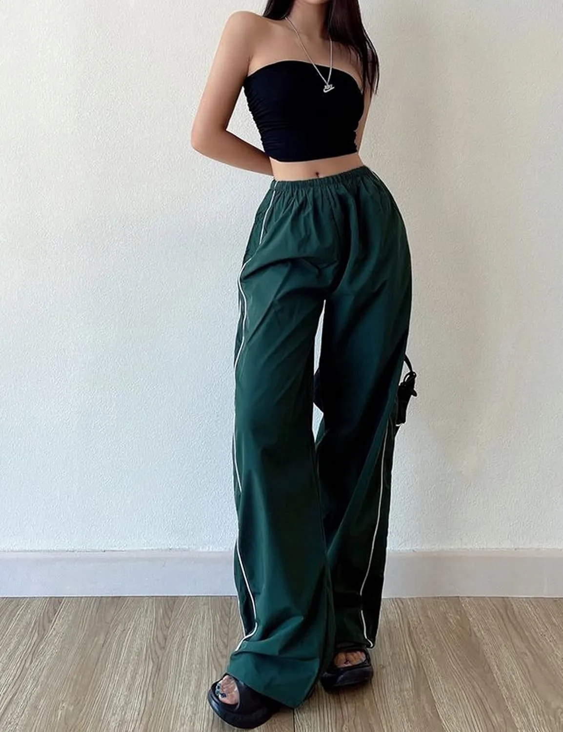 Women's Parachute Pants Baggy Track Y2K Black Elastic Waist Wide Leg Trousers