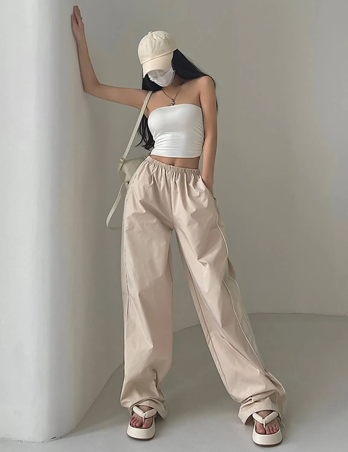 Women's Parachute Pants Baggy Track Y2K Black Elastic Waist Wide Leg Trousers