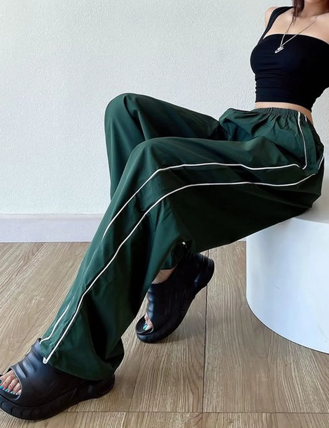 Women's Parachute Pants Baggy Track Y2K Black Elastic Waist Wide Leg Trousers