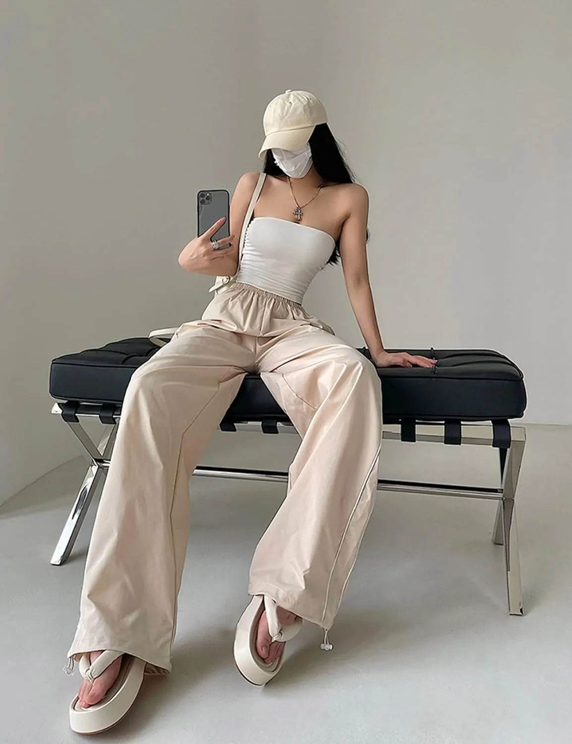 Women's Parachute Pants Baggy Track Y2K Black Elastic Waist Wide Leg Trousers
