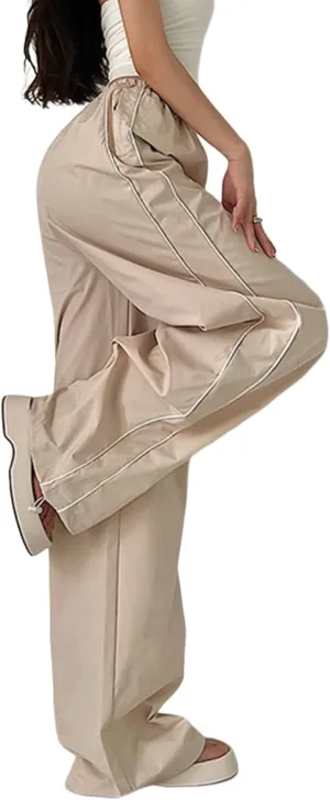 Women's Parachute Pants Baggy Track Y2K Black Elastic Waist Wide Leg Trousers