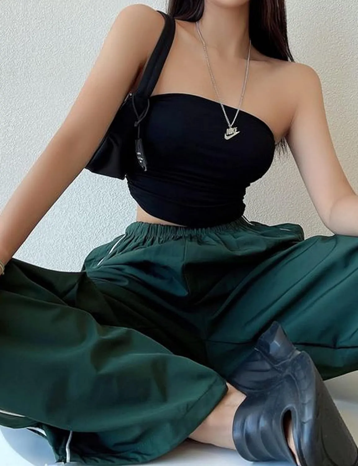 Women's Parachute Pants Baggy Track Y2K Black Elastic Waist Wide Leg Trousers