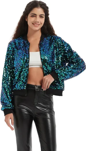 Women's Sequin Jacket Long Sleeve OpenZipper Fahion Shiny Glitter Sparkly Bomber Jackets