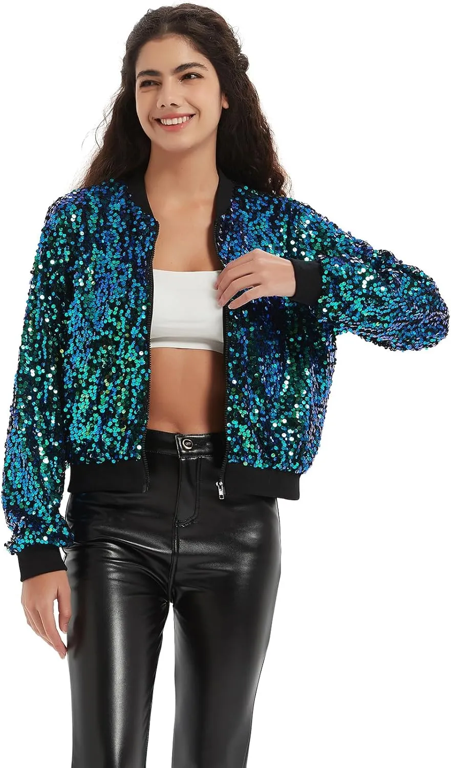 Women's Sequin Jacket Long Sleeve OpenZipper Fahion Shiny Glitter Sparkly Bomber Jackets