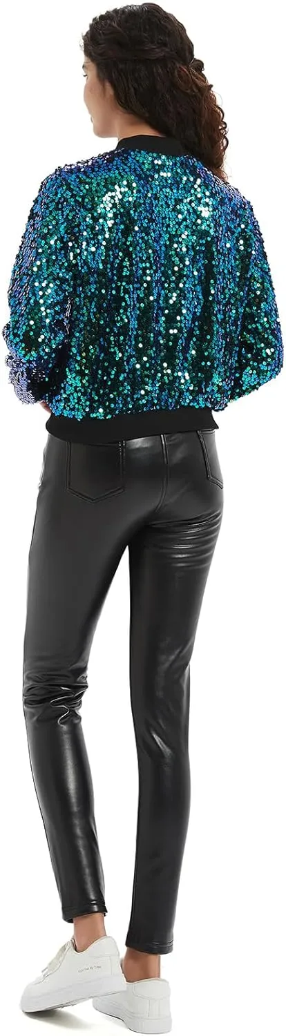 Women's Sequin Jacket Long Sleeve OpenZipper Fahion Shiny Glitter Sparkly Bomber Jackets