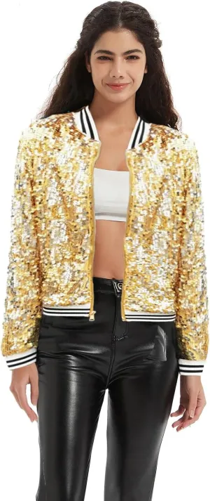 Women's Sequin Jacket Long Sleeve OpenZipper Fahion Shiny Glitter Sparkly Bomber Jackets