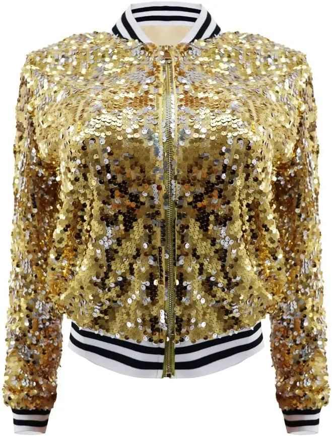 Women's Sequin Jacket Long Sleeve OpenZipper Fahion Shiny Glitter Sparkly Bomber Jackets