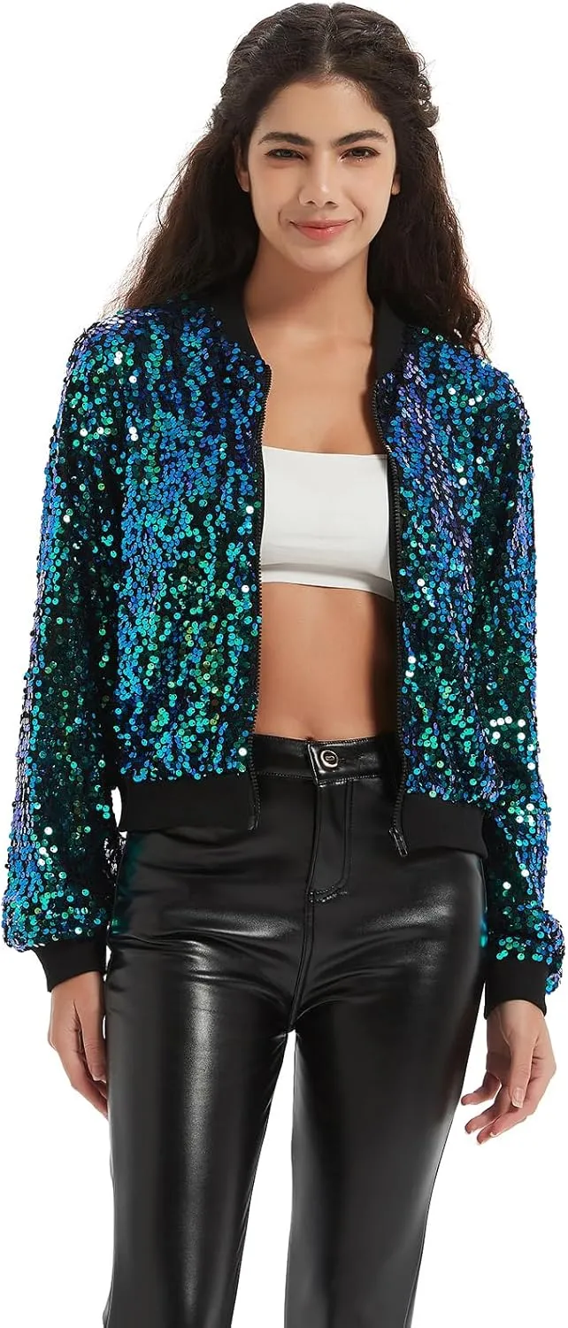 Women's Sequin Jacket Long Sleeve OpenZipper Fahion Shiny Glitter Sparkly Bomber Jackets