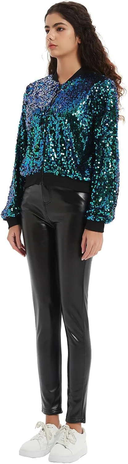 Women's Sequin Jacket Long Sleeve OpenZipper Fahion Shiny Glitter Sparkly Bomber Jackets