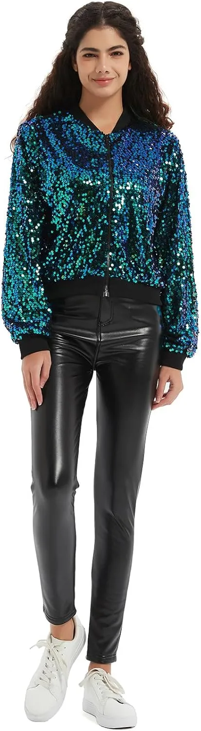 Women's Sequin Jacket Long Sleeve OpenZipper Fahion Shiny Glitter Sparkly Bomber Jackets