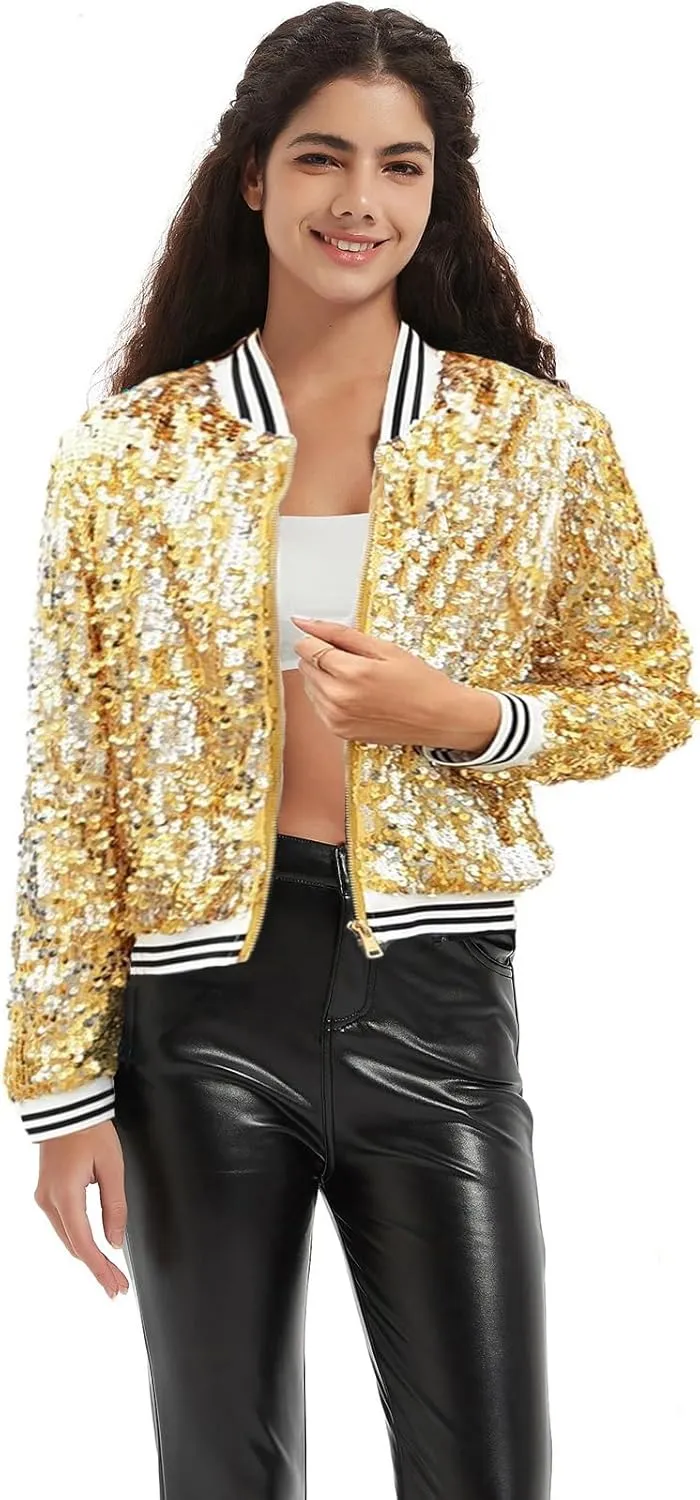 Women's Sequin Jacket Long Sleeve OpenZipper Fahion Shiny Glitter Sparkly Bomber Jackets