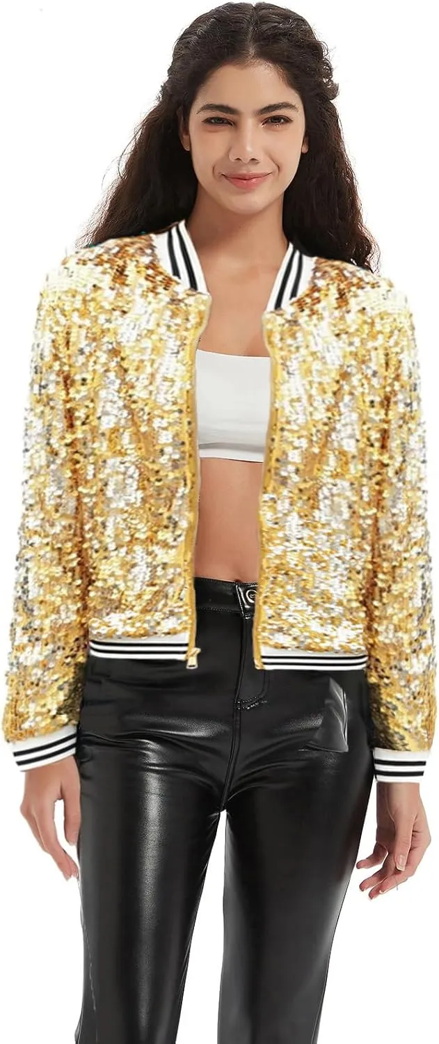 Women's Sequin Jacket Long Sleeve OpenZipper Fahion Shiny Glitter Sparkly Bomber Jackets
