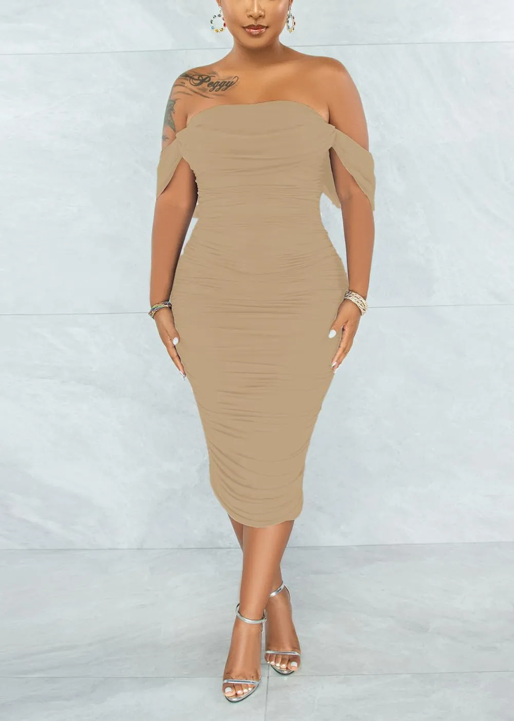 Women's Sexy Off Shoulder Sleeveless Bodycon Ruched Midi Elegant Cocktail Evening Party Night Tube Dresses