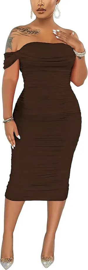 Women's Sexy Off Shoulder Sleeveless Bodycon Ruched Midi Elegant Cocktail Evening Party Night Tube Dresses