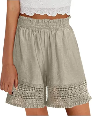 Women's Shorts Drawstring High Waist Cotton Shorts Pull on Hiking Cargo Shorts Cotton Wide Leg Pants Ropa Deportiva