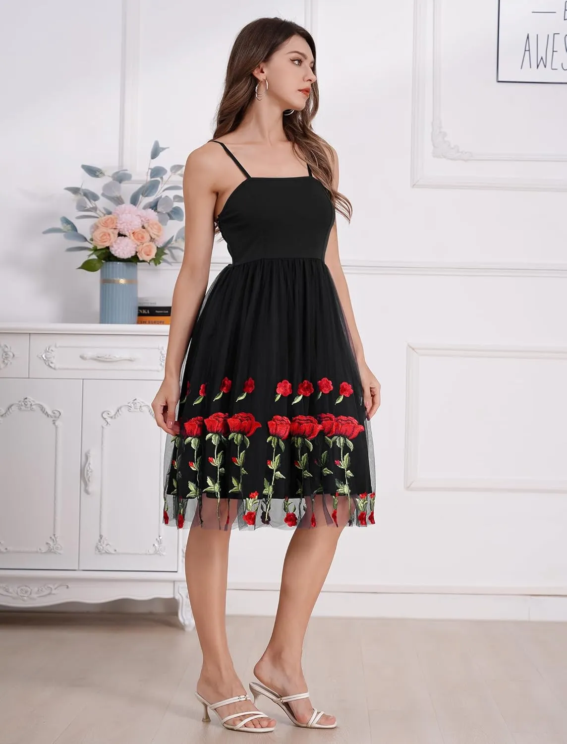 Women's Spaghetti Strap Floral Embroidered Dress for Women Embroidery Rose Dress Sleeveless Tulle Prom Cocktail Party Dress