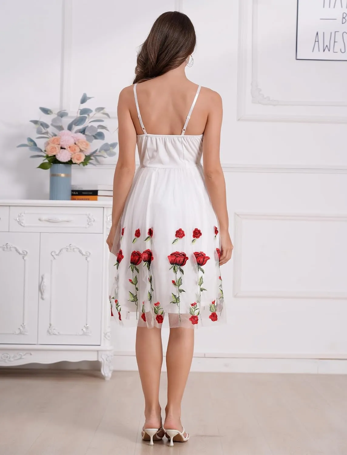 Women's Spaghetti Strap Floral Embroidered Dress for Women Embroidery Rose Dress Sleeveless Tulle Prom Cocktail Party Dress