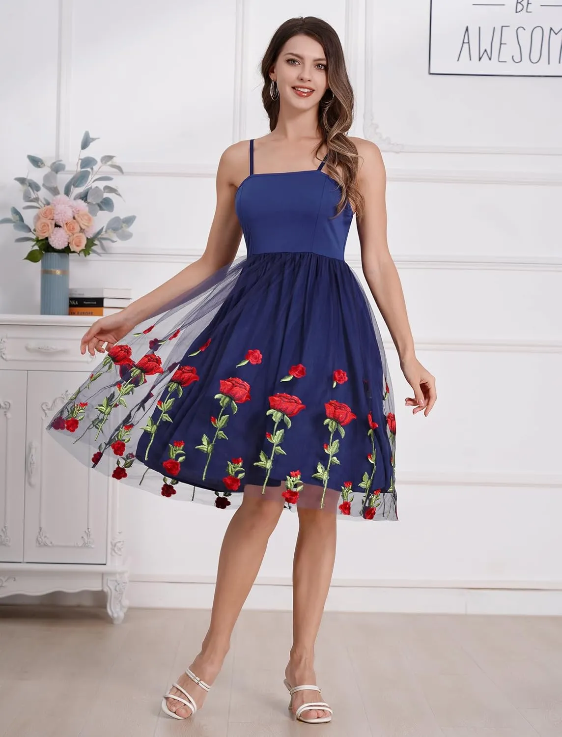 Women's Spaghetti Strap Floral Embroidered Dress for Women Embroidery Rose Dress Sleeveless Tulle Prom Cocktail Party Dress