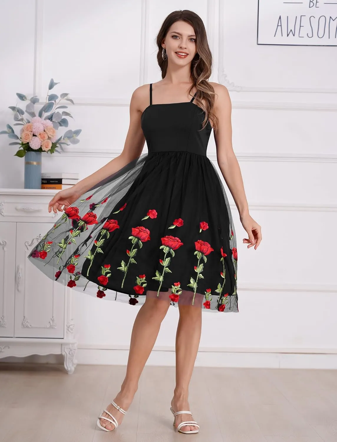 Women's Spaghetti Strap Floral Embroidered Dress for Women Embroidery Rose Dress Sleeveless Tulle Prom Cocktail Party Dress