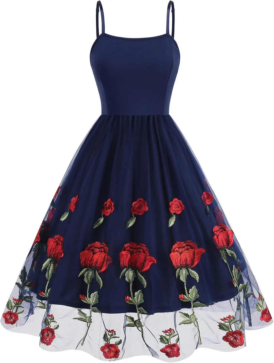 Women's Spaghetti Strap Floral Embroidered Dress for Women Embroidery Rose Dress Sleeveless Tulle Prom Cocktail Party Dress