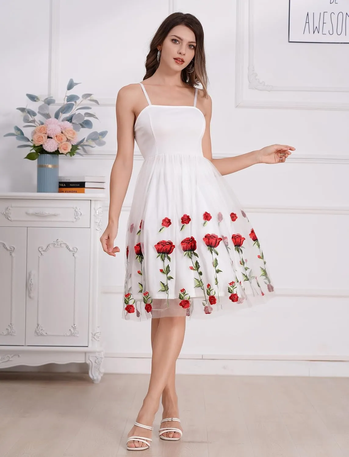 Women's Spaghetti Strap Floral Embroidered Dress for Women Embroidery Rose Dress Sleeveless Tulle Prom Cocktail Party Dress