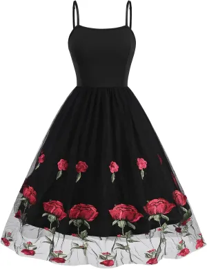 Women's Spaghetti Strap Floral Embroidered Dress for Women Embroidery Rose Dress Sleeveless Tulle Prom Cocktail Party Dress