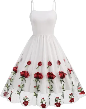 Women's Spaghetti Strap Floral Embroidered Dress for Women Embroidery Rose Dress Sleeveless Tulle Prom Cocktail Party Dress