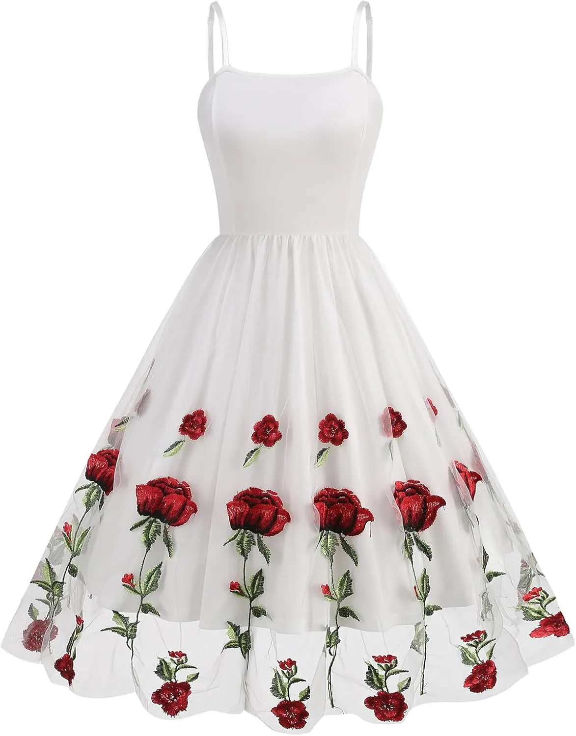 Women's Spaghetti Strap Floral Embroidered Dress for Women Embroidery Rose Dress Sleeveless Tulle Prom Cocktail Party Dress