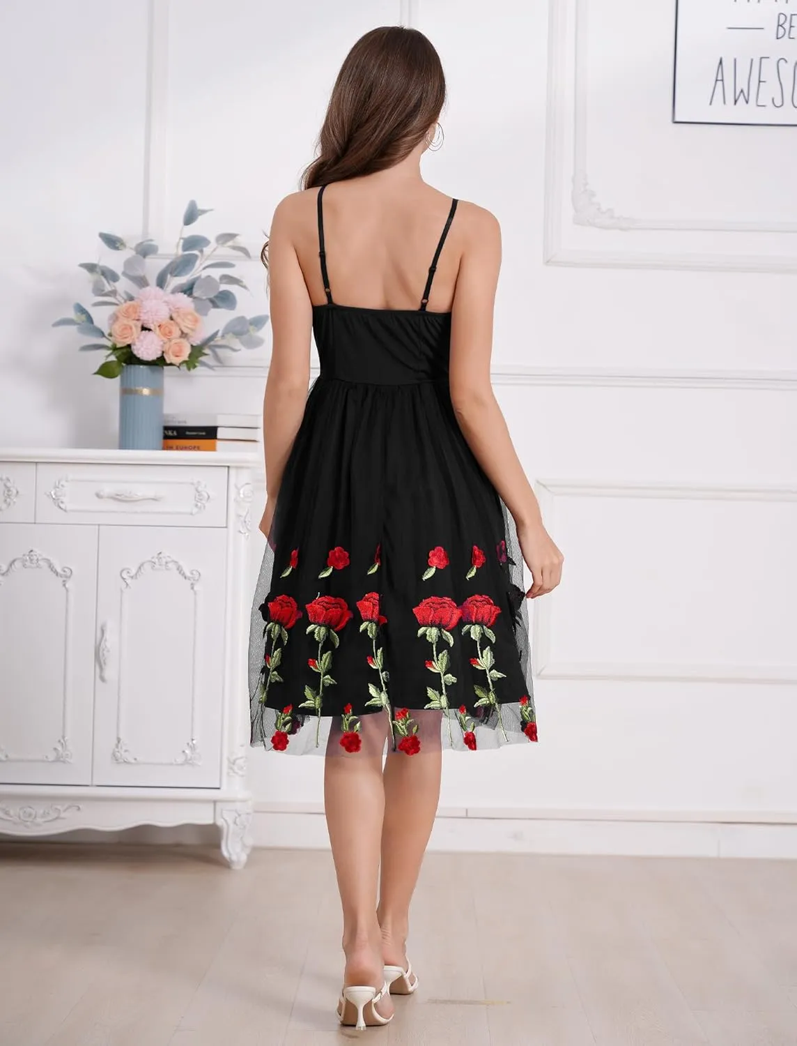 Women's Spaghetti Strap Floral Embroidered Dress for Women Embroidery Rose Dress Sleeveless Tulle Prom Cocktail Party Dress
