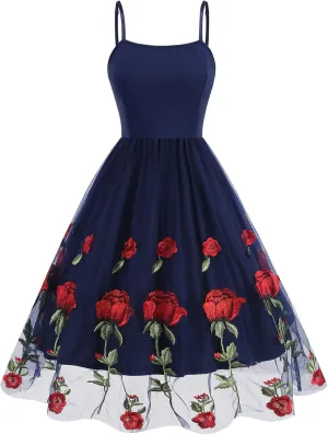 Women's Spaghetti Strap Floral Embroidered Dress for Women Embroidery Rose Dress Sleeveless Tulle Prom Cocktail Party Dress