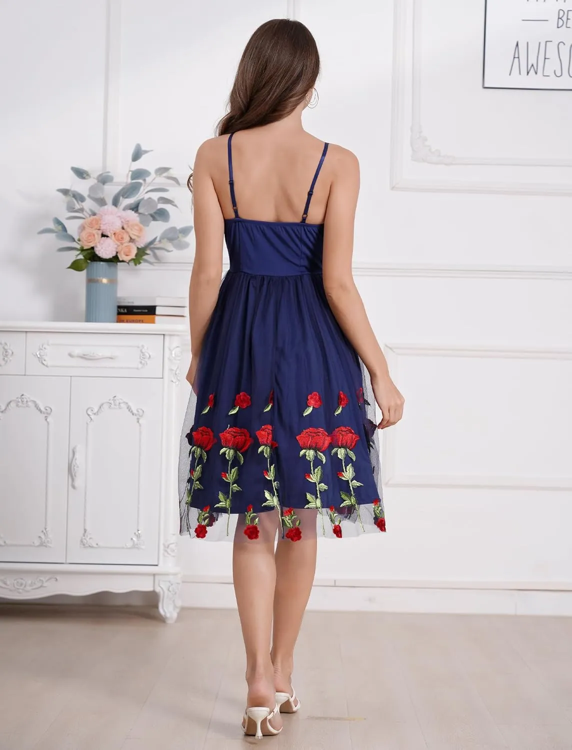 Women's Spaghetti Strap Floral Embroidered Dress for Women Embroidery Rose Dress Sleeveless Tulle Prom Cocktail Party Dress