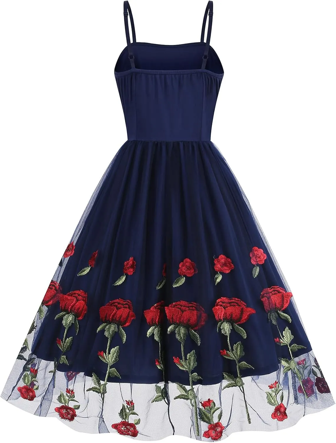 Women's Spaghetti Strap Floral Embroidered Dress for Women Embroidery Rose Dress Sleeveless Tulle Prom Cocktail Party Dress