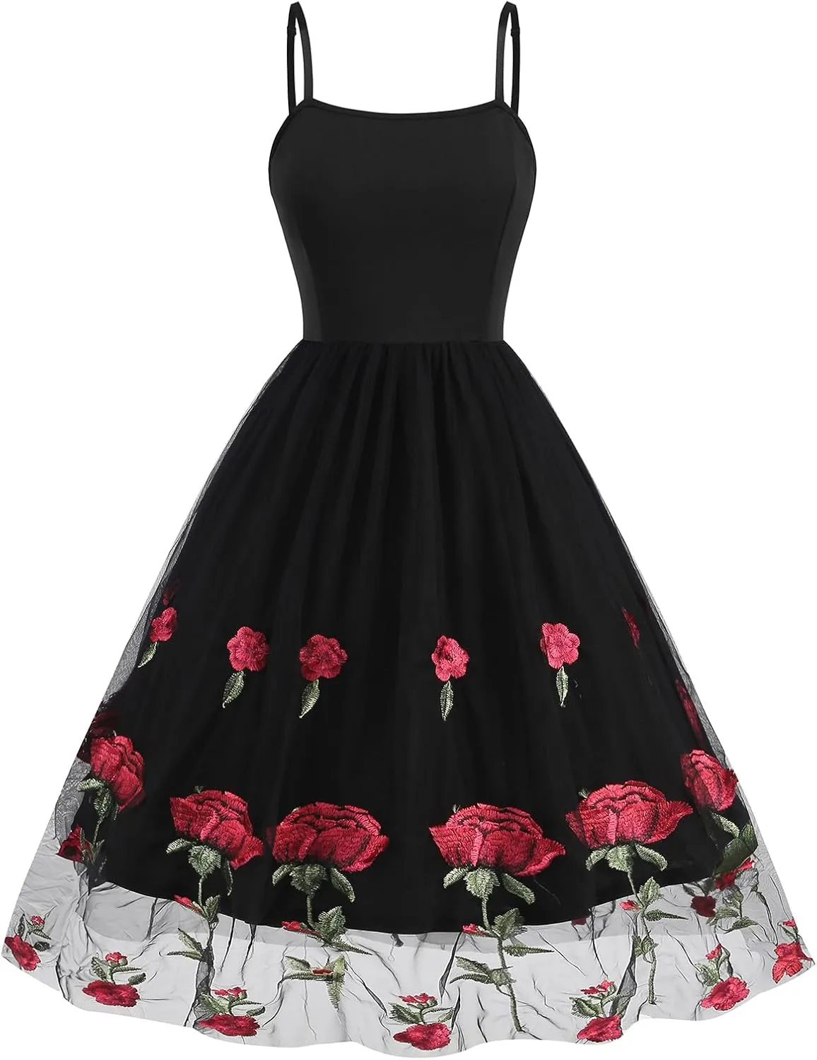 Women's Spaghetti Strap Floral Embroidered Dress for Women Embroidery Rose Dress Sleeveless Tulle Prom Cocktail Party Dress