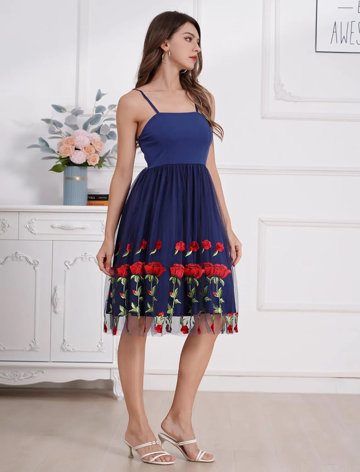 Women's Spaghetti Strap Floral Embroidered Dress for Women Embroidery Rose Dress Sleeveless Tulle Prom Cocktail Party Dress
