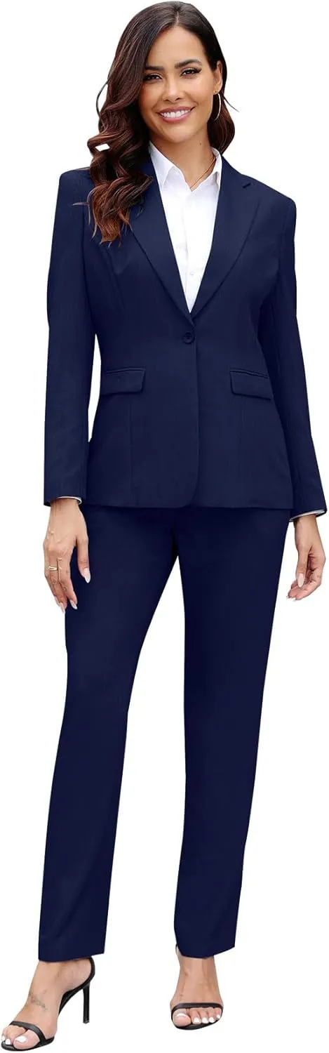 Women's Suit 2 Piece Slim Fit Formal Notched Lapel Lady Solid Work Outfits Casual Blazer Jacket Pants Set for Business Office