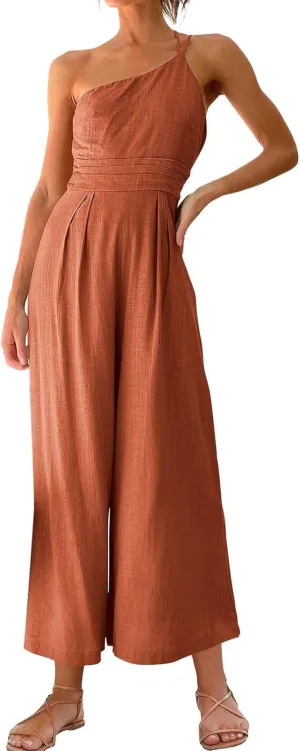 Women's Summer Straps One Shoulder High Waist Dressy Casual Wide Leg Linen Jumpsuit Romper Beach Travel Outfits
