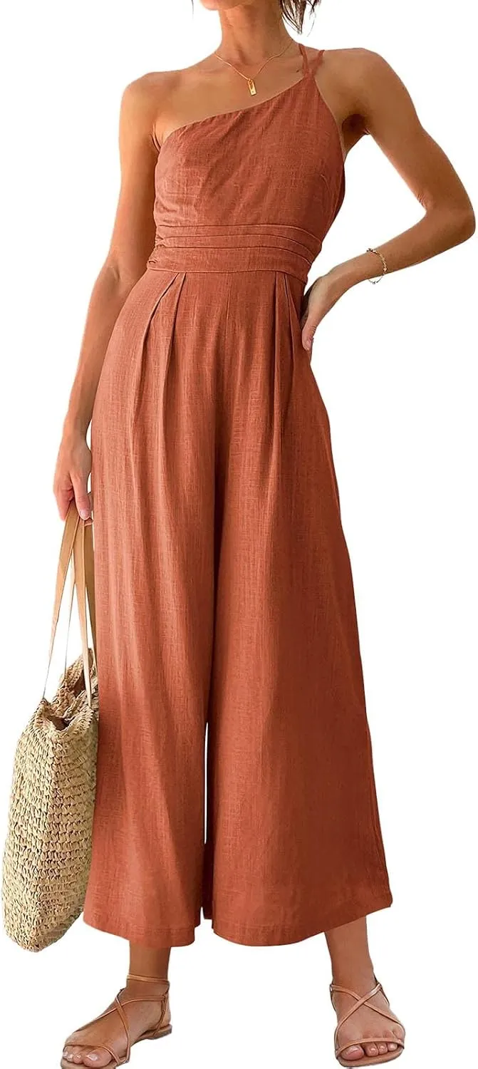 Women's Summer Straps One Shoulder High Waist Dressy Casual Wide Leg Linen Jumpsuit Romper Beach Travel Outfits
