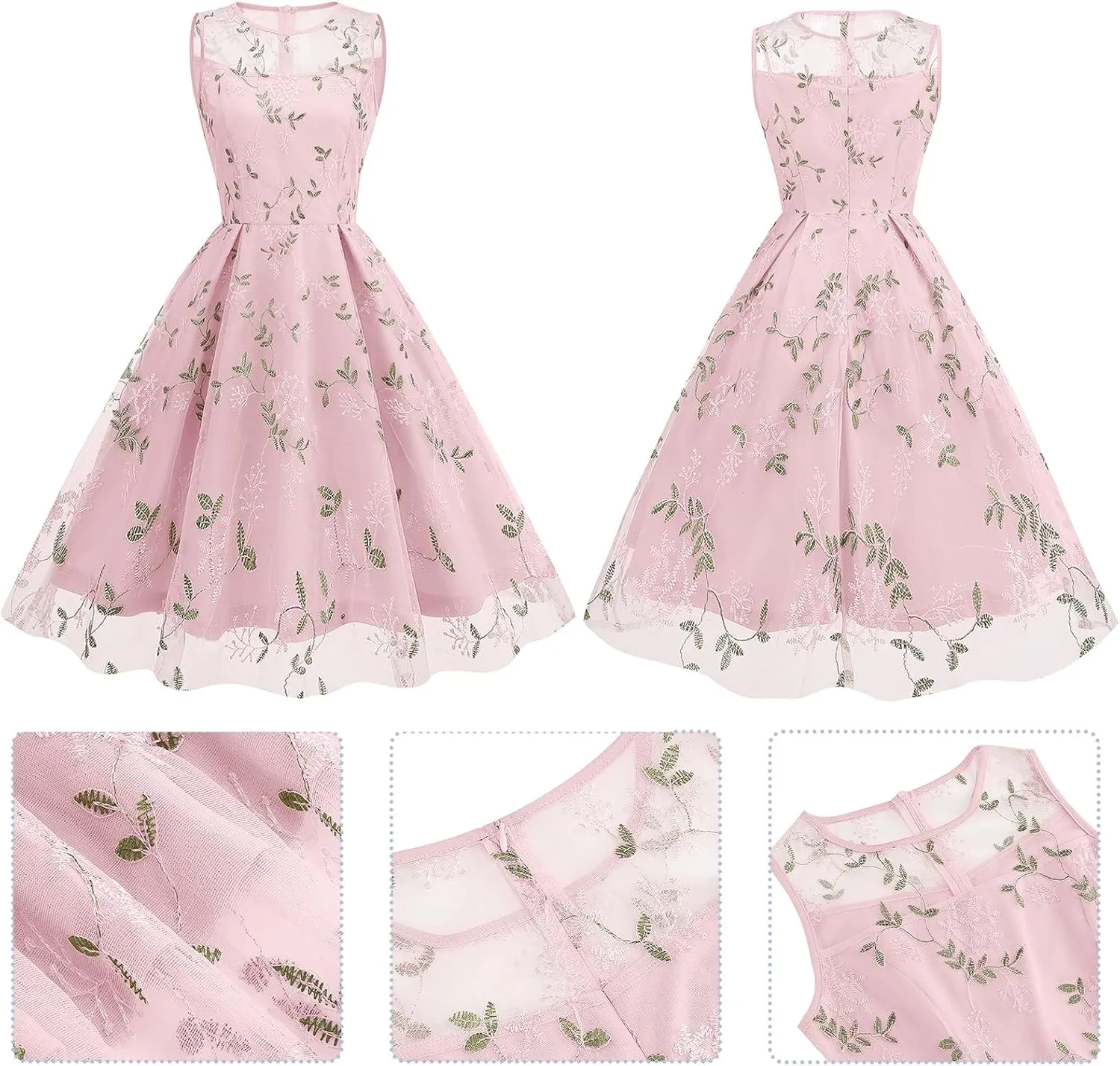 Women's Vintage 1950s Floral Embroidery Dress Sleeveless Mesh Cocktail Wedding Evening Party Prom Swing Dress