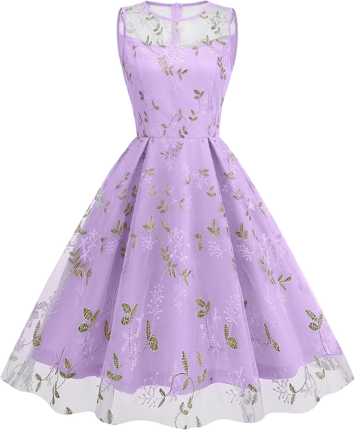 Women's Vintage 1950s Floral Embroidery Dress Sleeveless Mesh Cocktail Wedding Evening Party Prom Swing Dress