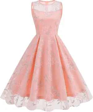 Women's Vintage 1950s Floral Embroidery Dress Sleeveless Mesh Cocktail Wedding Evening Party Prom Swing Dress