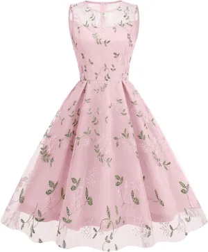 Women's Vintage 1950s Floral Embroidery Dress Sleeveless Mesh Cocktail Wedding Evening Party Prom Swing Dress