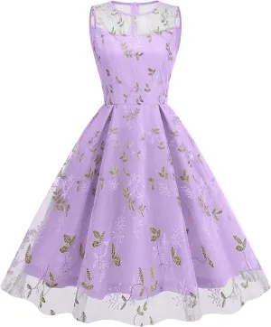 Women's Vintage 1950s Floral Embroidery Dress Sleeveless Mesh Cocktail Wedding Evening Party Prom Swing Dress