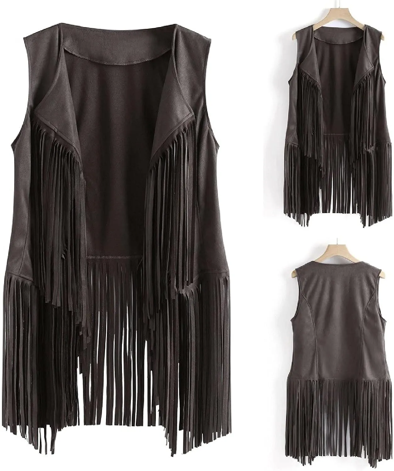 Womens Vintage Western Fringe Vest Tops Classic Suede Leather 70s Cowboy Shirt Sleeveless Tassel Cardigan Coat