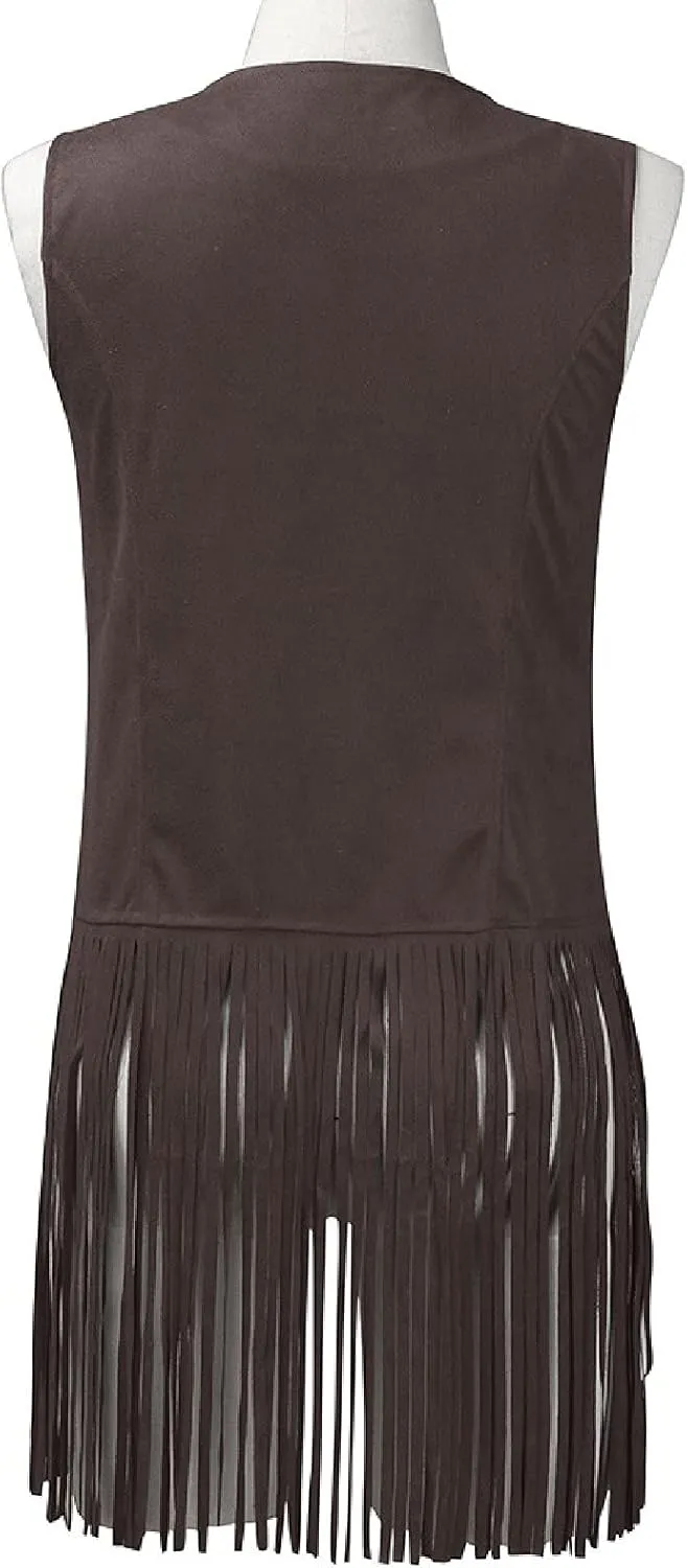 Womens Vintage Western Fringe Vest Tops Classic Suede Leather 70s Cowboy Shirt Sleeveless Tassel Cardigan Coat