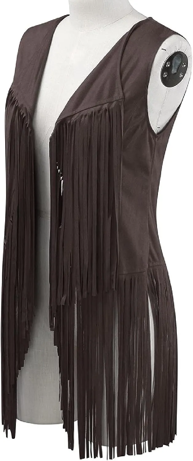 Womens Vintage Western Fringe Vest Tops Classic Suede Leather 70s Cowboy Shirt Sleeveless Tassel Cardigan Coat